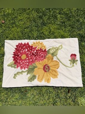 Pottery Barn Crewel Embroidered Lumbar Pillow Cover Multicolor Floral Cotton